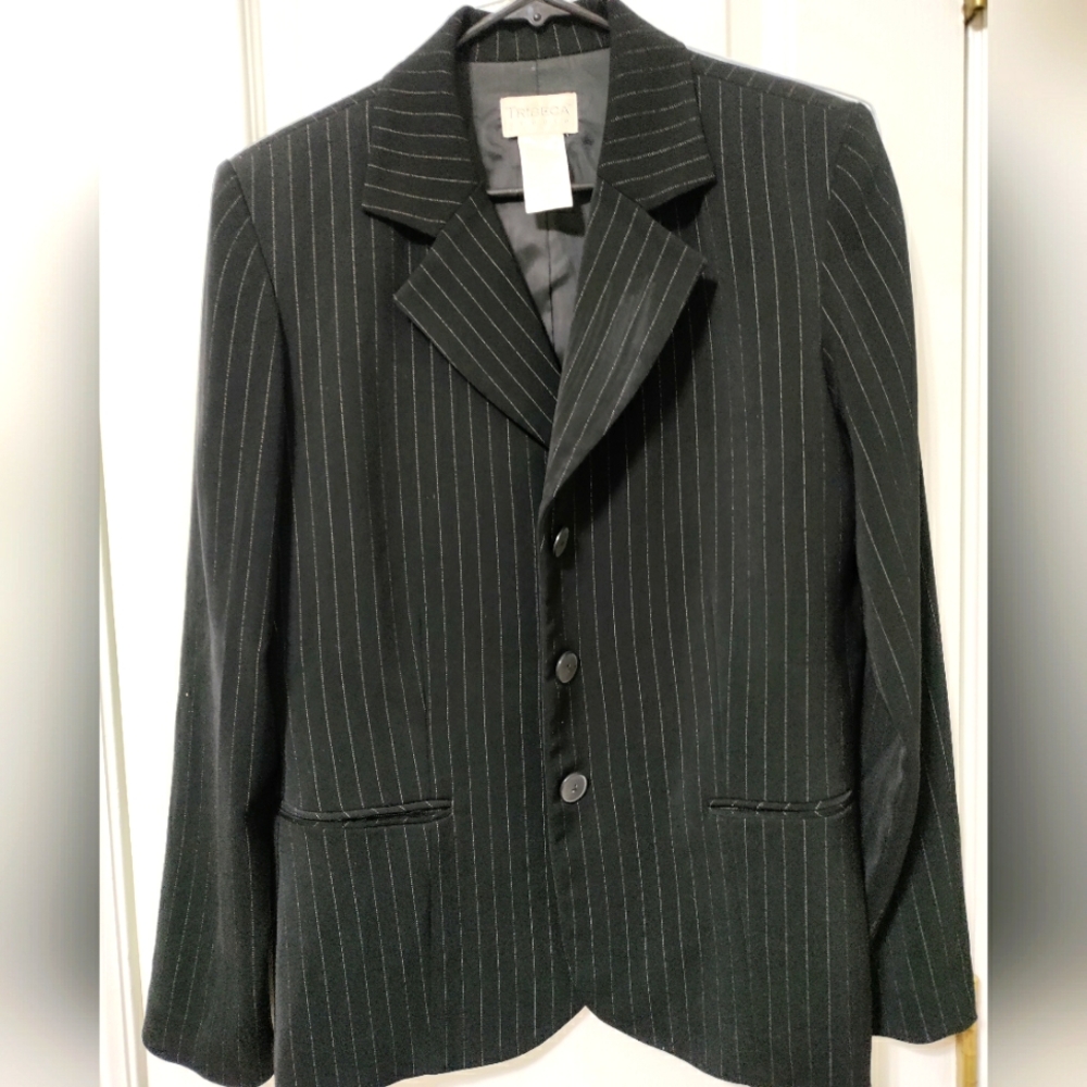 Tribeca studio women's jacket black with white stripes size 10 petite